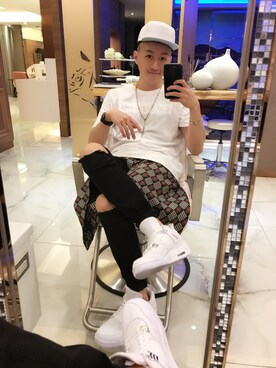 「AIR JORDAN（エアジョーダン）のアイテム（シューズ、ホワイト系）」を使った、LilYangさん（メンズ・179cm）の夏コーディネート
