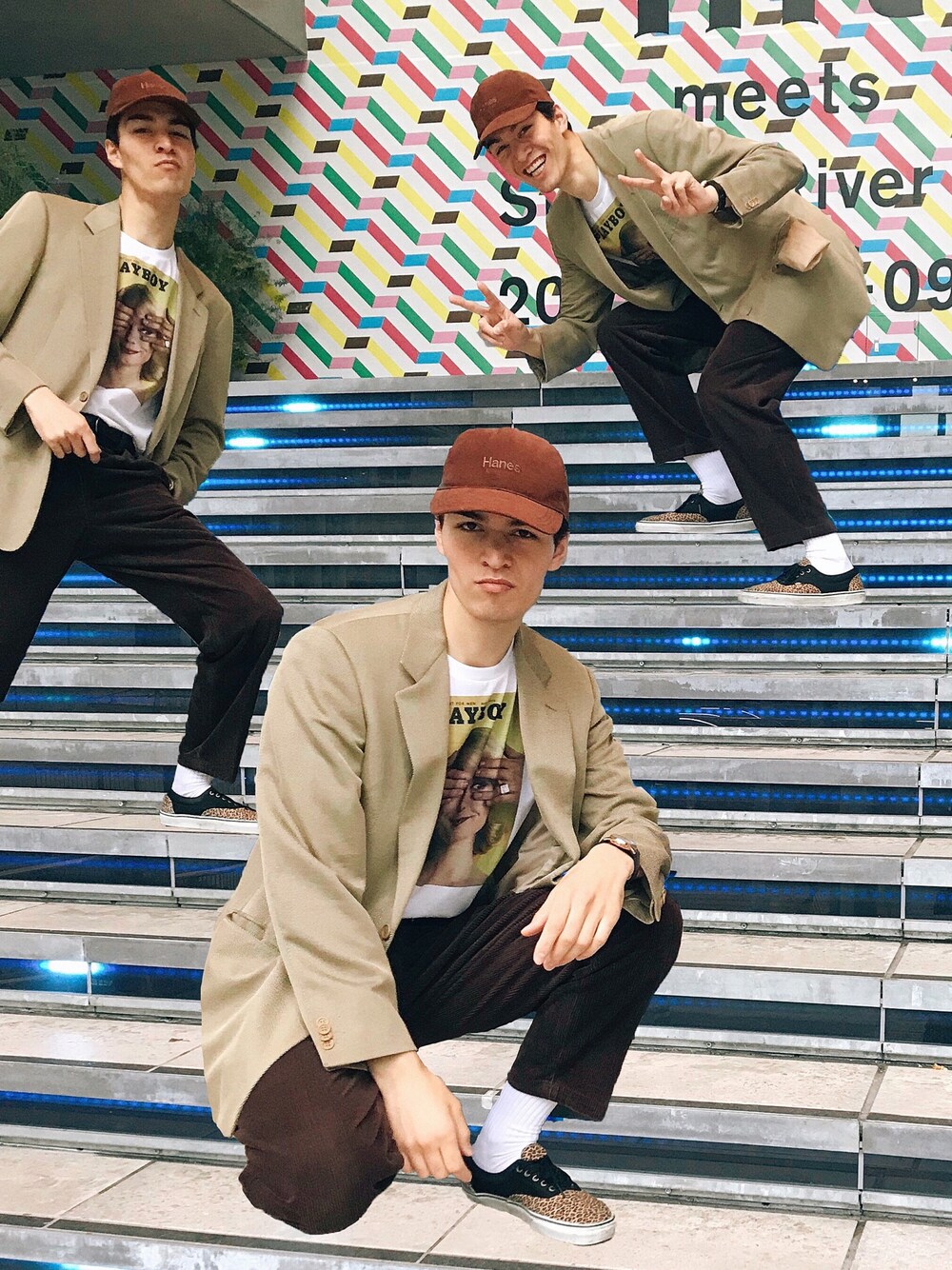 「秋のコーデ、ジャケット、ストリート、GIORGIO ARMANI、PLAYBOY、VANS」｜「HANESのアイテム（キャップ、ブラウン系）」を使った、kenjibutadamさん（メンズ・188cm）の秋コーディネートの1枚目の写真