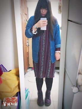 「アイテム（ブーツ、パープル系）」を使った、朵さん（レディース・166cm）の春コーディネート