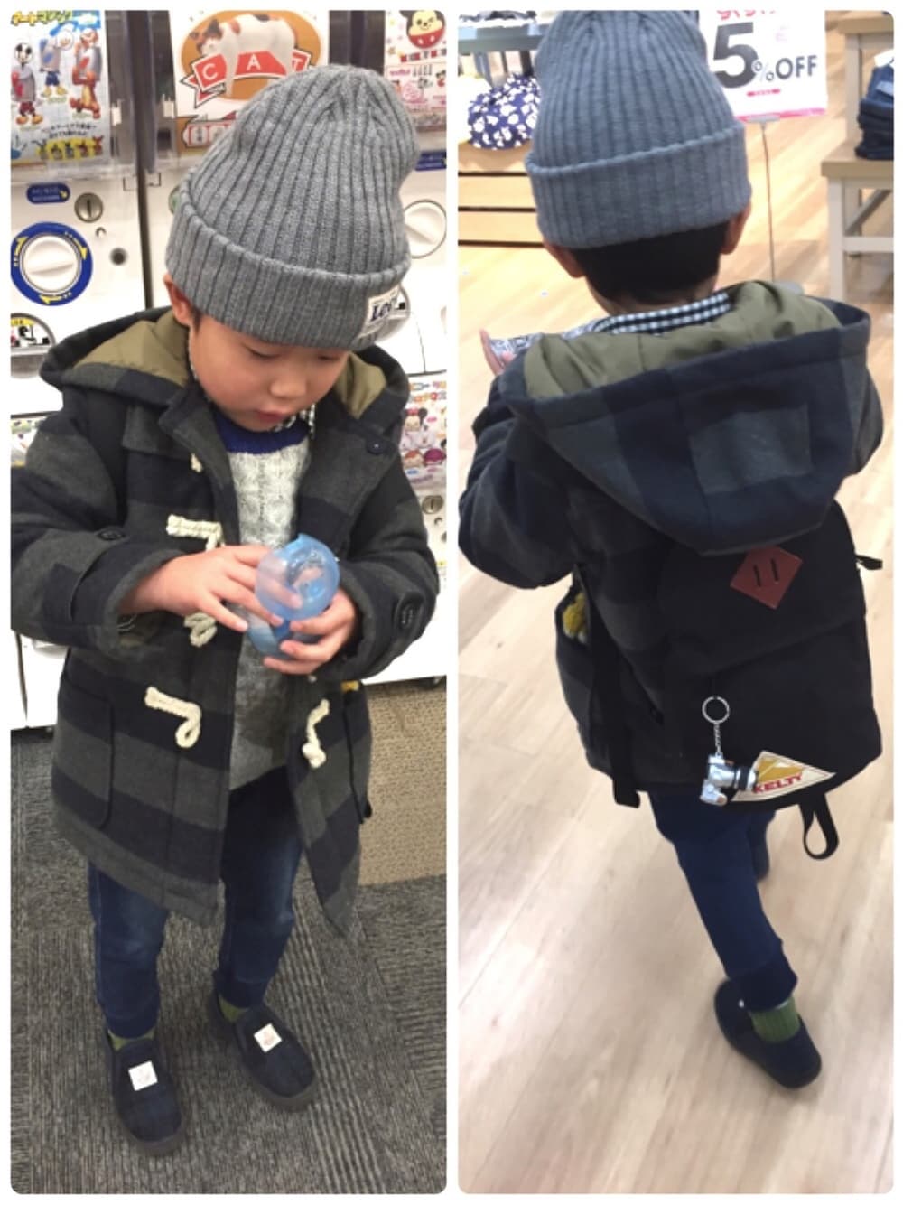 「Leeニット帽、ボーダーダッフル、デニムリブパンツ、ケルティ、ハリスツイードスニーカー」｜「LeeのKIDS ハイゲージニット帽（ニットキャップ/ビーニー、グレー系）」を使った、ゆうせい☆そうすけさん（キッズ・110cm）の春コーディネートの1枚目の写真