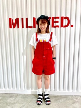 「red」｜「アイテム（サロペット/オーバーオール）」を使った、よねちゃんさん（レディース・148cm）の夏コーディネート