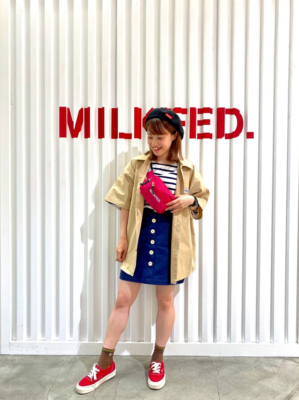 「いいね、save、フォローお願いします🤑、シャツ好き集まれ、低身長コーデ、お洒落さんとつながりたい、メンズライク、メンズシャツ、マリン、blue、MILKFED.、今日のコーデ」｜「MILKFED.のMENS SS WORK SHIRT（シャツ/ブラウス、ベージュ系）」を使った、よねちゃんさん（レディース・148cm）の夏コーディネートの1枚目の写真