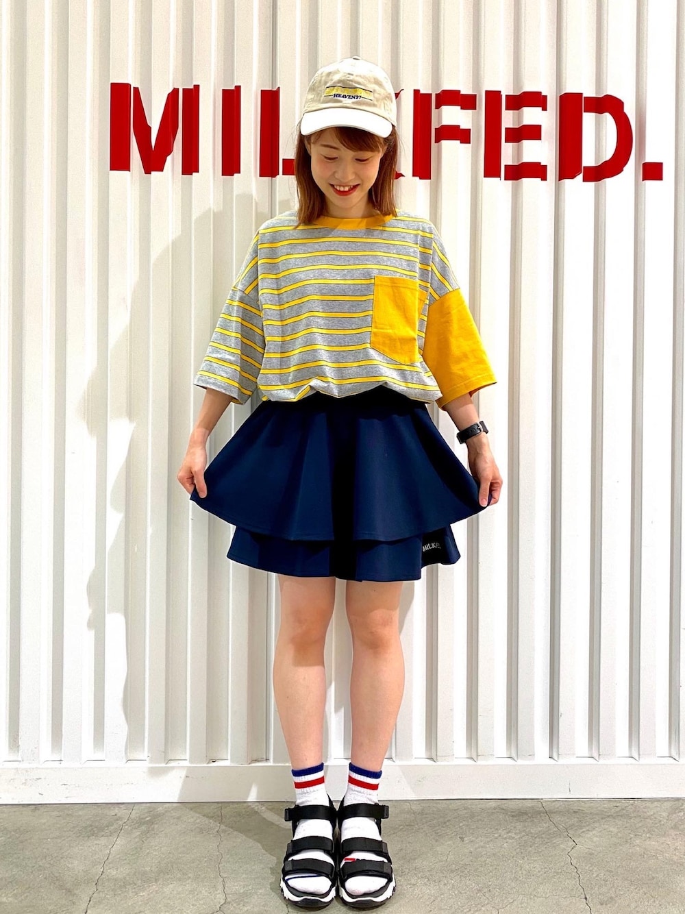 「いいね、save、フォローお願いします🤑、夏コーデ、低身長コーデ、お洒落さんとつながりたい、キュロット、yellow、今日のコーデ、MILKFED.」｜「MILKFED.のLOGO CULOTTES（その他パンツ、ブルー系）」を使った、よねちゃんさん（レディース・148cm）の夏コーディネートの1枚目の写真