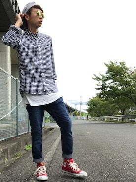 「H&M（エイチ・アンド・エム）のアイテム（タンクトップ、ホワイト系）」を使った、かっちゃん。さん（メンズ・167cm）の秋コーディネート