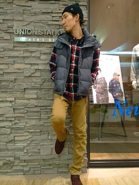 「アイテム（ダウンベスト、グレー系）」を使った、YAMASYUさん（メンズ・172cm）の秋コーディネート