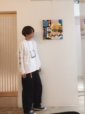 「袖プリント」｜「アイテム（財布/小物）」を使った、shuさん（メンズ・178cm）の冬コーディネート