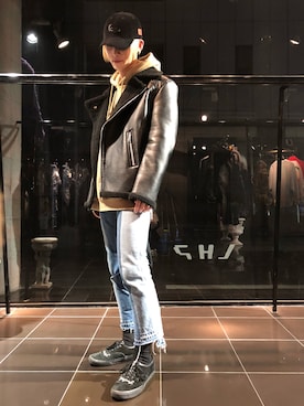 「DANKE SCHON（ダンケシェーン）のアイテム（ライダースジャケット）」を使った、𝐊𝐚𝐢𝐭𝐨さん（メンズ・180cm）の冬コーディネート