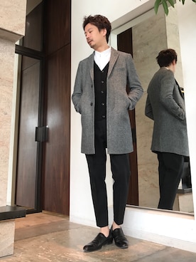 「パーティースタイル」｜「アイテム（ステンカラーコート）」を使った、OMIさん（メンズ・180cm）の冬コーディネート