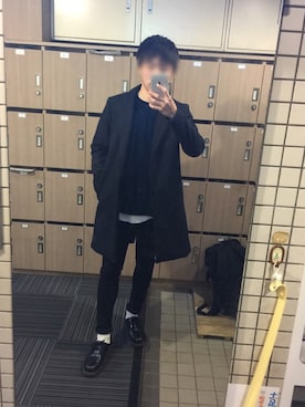 「LIDNM（リドム）のSuper100'sメルトンチェスター（チェスターコート、ブルー系）」を使った、ShiNoさん（メンズ・172cm）の秋コーディネート