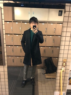 「LIDNM（リドム）のSuper100'sメルトンチェスター（チェスターコート、ブルー系）」を使った、ShiNoさん（メンズ・172cm）の冬コーディネート