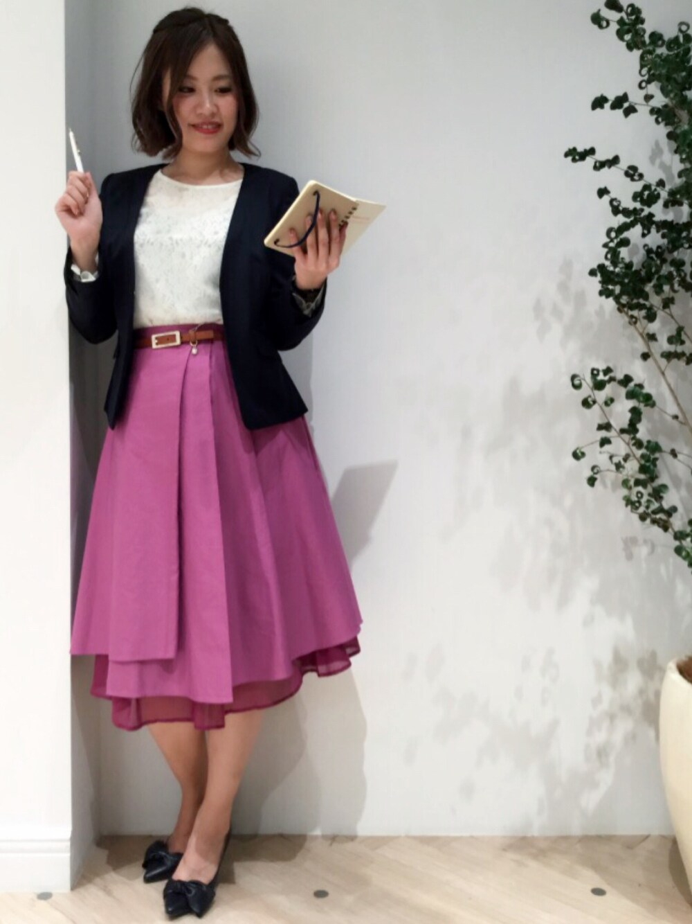 「BSTR、ジャケットスタイル、お仕事スタイル、ミモレ丈スカート、swingle」｜「SWINGLEのノーカラージャケット◆（ノーカラージャケット、ブルー系）」を使った、CHIEさん（レディース・165cm）の秋コーディネートの1枚目の写真