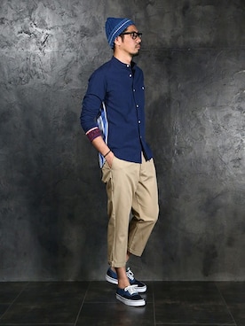 「The DUFFER of ST.GEORGE（ザダファーオブセントジョージ）のアイテム（帽子）」を使った、JEEさん（メンズ・182cm）の春コーディネート