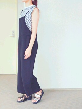 「黒サンダル」｜「アイテム（オールインワン・サロペット）」を使った、☺S☺さん（レディース・157cm）の夏コーディネート