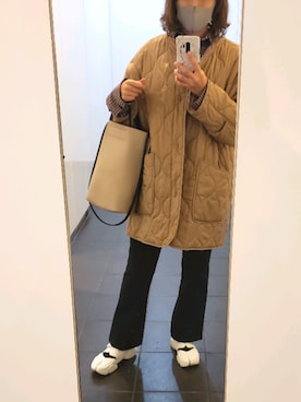 「黒パンツ」｜「アイテム（ノーカラージャケット）」を使った、☺S☺さん（レディース・157cm）の冬コーディネート