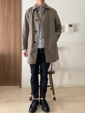 「白ソックス」｜「アイテム（ステンカラーコート）」を使った、きむさん（メンズ・179cm）の冬コーディネート