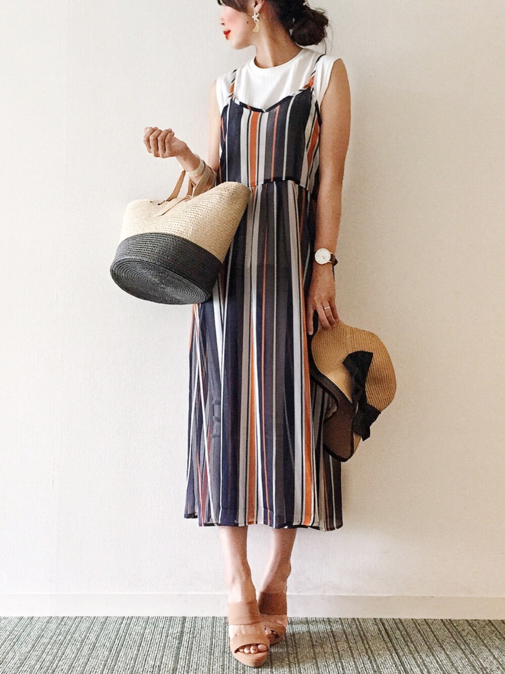 ブルー系のワンピース、ホワイト系のTシャツ/カットソー、ブラウン系のサンダルを着用したレディースの夏コーディネートの1枚目の写真