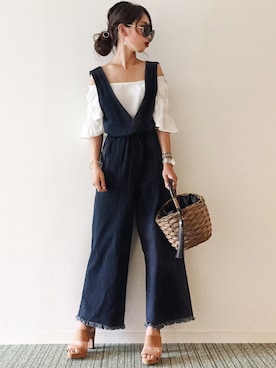 「reca（レカ）のアイテム（オールインワン・サロペット）」を使った、𝓅𝑜𝒸𝑜さん（レディース・156cm）の夏コーディネート