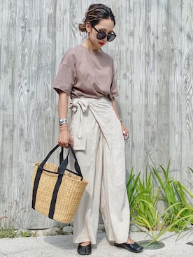 「Re:EDIT（リエディ）のリネンブレンドカシュクールパンツ（その他パンツ）」を使った、𝓅𝑜𝒸𝑜さん（レディース・156cm）の春コーディネート