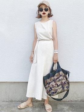 「coca（coca）（コカ）のアイテム（帽子）」を使った、𝓅𝑜𝒸𝑜さん（レディース・155cm）の夏コーディネート