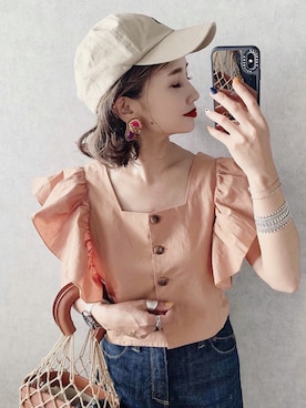「coca（coca）（コカ）のアイテム（帽子）」を使った、𝓅𝑜𝒸𝑜さん（レディース・156cm）の夏コーディネート