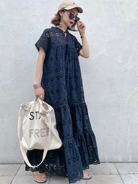 「KOH.style（コースタイル）の総レースティアードワンピース（ワンピース）」を使った、𝓅𝑜𝒸𝑜さん（レディース・156cm）の夏コーディネート