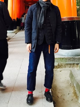 「TOMMY HILFIGER（トミーヒルフィガー）のアイテム（マフラー）」を使った、ちょくたろうさん（メンズ・173cm）の冬コーディネート
