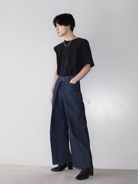 「JOHN LAWRENCE SULLIVAN（ジョンローレンスサリバン）のRIGID DENIM WIDE PANTS（デニムパンツ）」を使った、れいやさん（メンズ・177cm）の春コーディネート