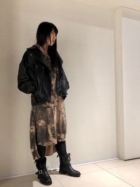 「AULA」｜「アイテム（ライダースジャケット）」を使った、照井千尋さん（レディース・163cm）の冬コーディネート