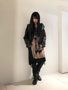 「ROYAL FLASH（ロイヤルフラッシュ）のアイテム（ライダースジャケット）」を使った、照井千尋さん（レディース・163cm）の春コーディネート