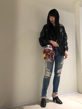 「ROYAL FLASH（ロイヤルフラッシュ）のアイテム（ライダースジャケット）」を使った、照井千尋さん（レディース・163cm）の春コーディネート