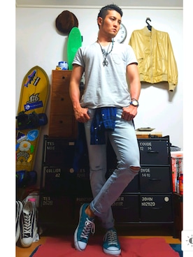 「The Endless Summer（エンドレスサマー）のTES PIGMENT POCKET TEE（Tシャツ/カットソー、グレー系）」を使った、U-Tさん（メンズ・187cm）の春コーディネート