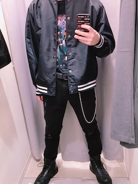 「バンドT」｜「アイテム（MA-1）」を使った、惣藏 有史さん（メンズ・168cm）の秋コーディネート