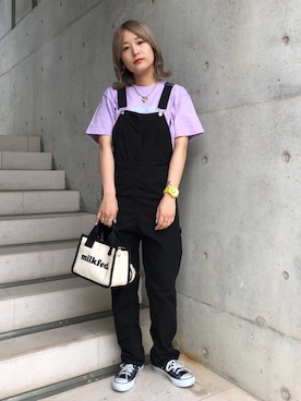 「MILKFED.（ミルクフェド）のアイテム（サロペット/オーバーオール）」を使った、林 萌花さん（レディース・159cm）の春コーディネート