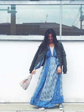 「アイテム（ミリタリージャケット）」を使った、NABEさん（レディース・170cm）の春コーディネート