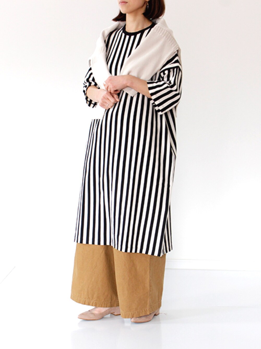 「ワンピース、ボーダー、homspun、春コーデ」｜「homspunのアイテム（ワンピース、その他）」を使った、francbonnさん（レディース・158cm）の冬コーディネートの1枚目の写真