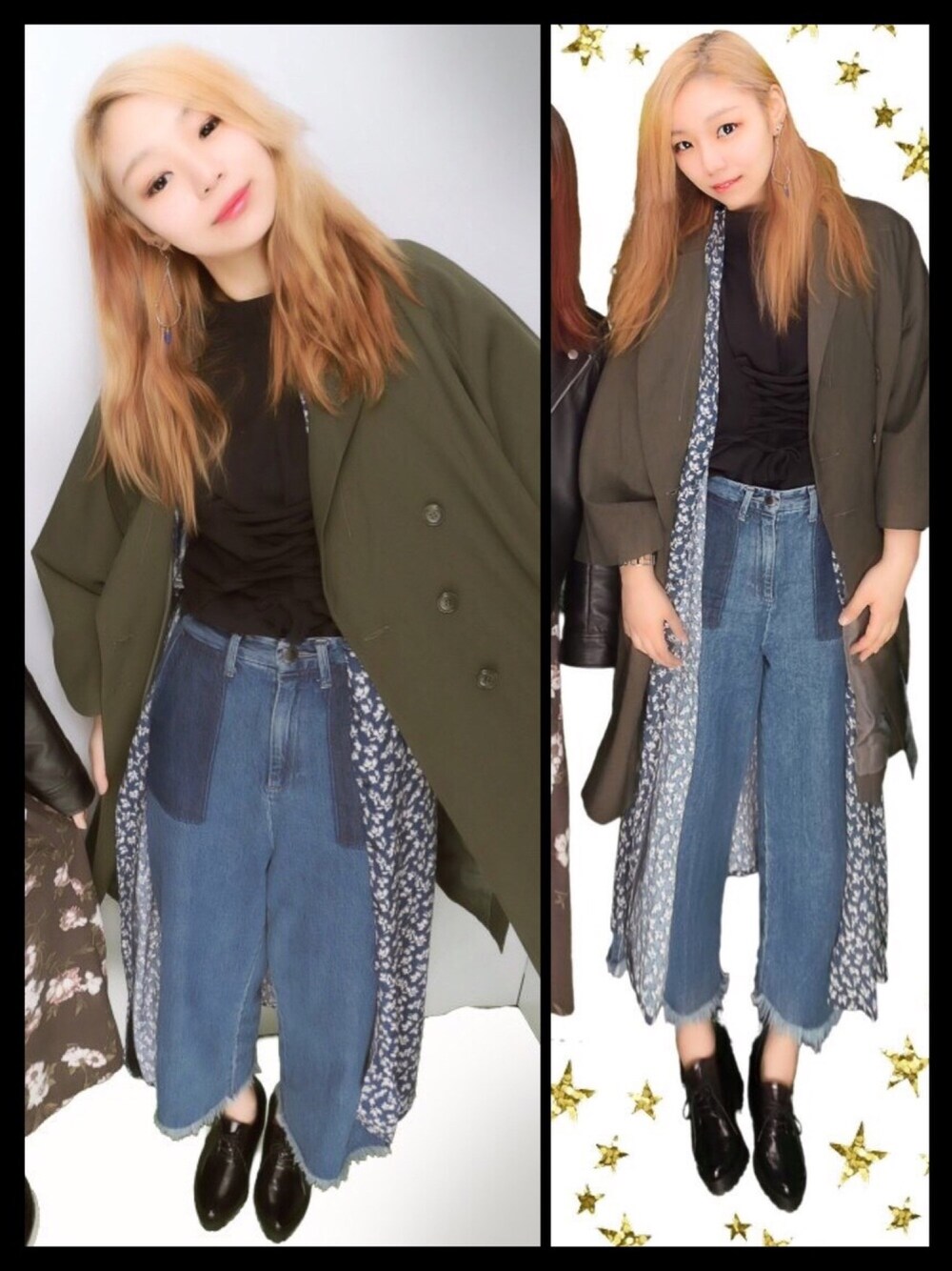 グリーン系のその他アウター、ブルー系のワンピース、ブラック系のブーティを着用したレディースの春コーディネートの1枚目の写真