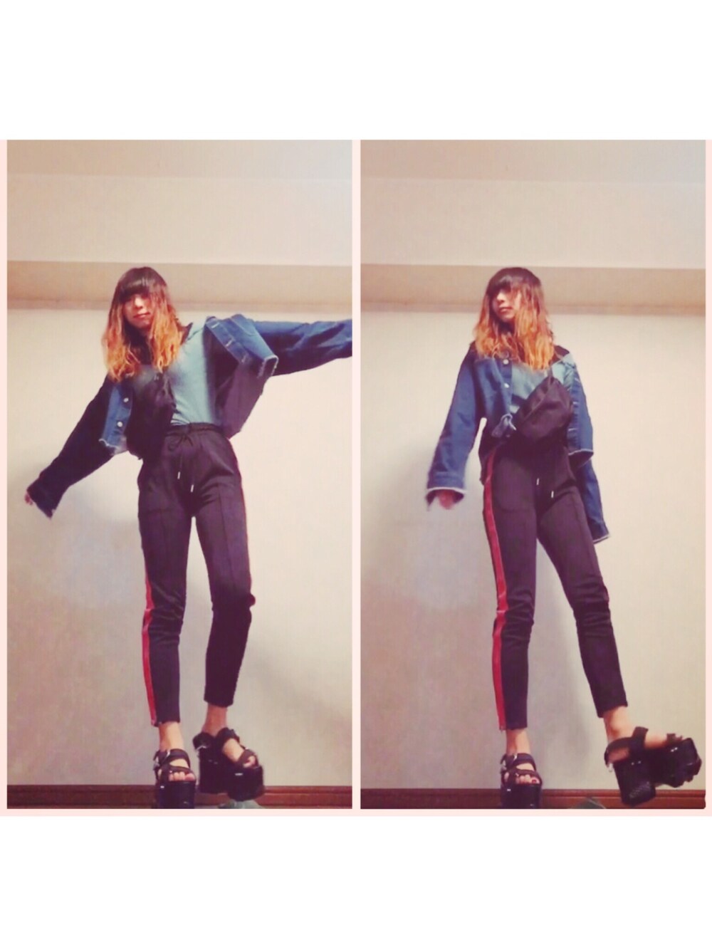 ブルー系のデニムジャケット、ブルー系のニット/セーター、ブラック系のサンダルを着用したレディースの春コーディネートの1枚目の写真