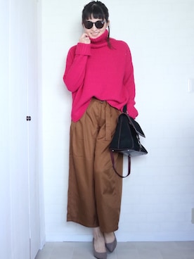 「GU（ジーユー）のアイテム（ニット/セーター、ピンク系）」を使った、utamama210さん（レディース・172cm）の冬コーディネート