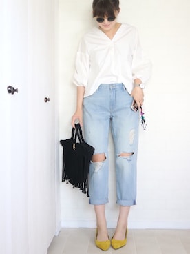 「ベースメントオンラインのアイテム（シャツ/ブラウス、ブルー系）」を使った、utamama210さん（レディース・172cm）の春コーディネート