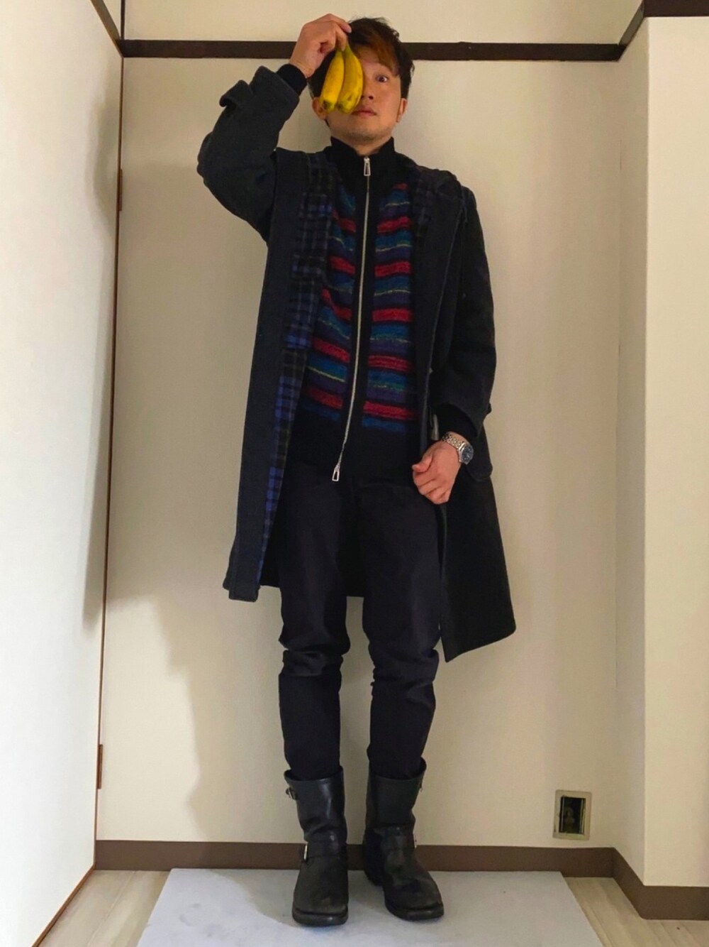「お洒落さんとつながりたい、冬コーデ、ポールスミス、私の推しブランド、ブラック、いいね、save、フォローお願いします🤑」｜「Gloverallのバチバチのビンテージです！（ダッフルコート、ブラック系）」を使った、yu-shindoさん（メンズ・168cm）の冬コーディネートの1枚目の写真