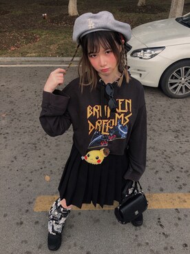 「原宿」｜「アイテム（ハンチング/ベレー帽）」を使った、吃香香さん（レディース・157cm）の春コーディネート