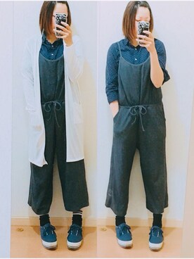 「アイテム（つなぎ/オールインワン、ブルー系）」を使った、𝔸𝕤𝕒𝕞𝕚.さん（レディース・157cm）の春コーディネート