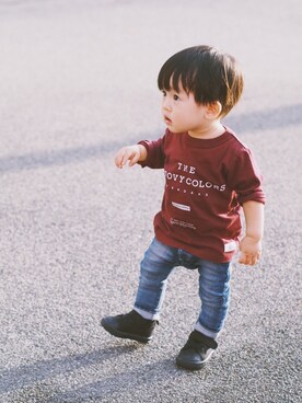 「GROOVY COLORS（グルービーカラーズ）のＧＲＯＯＶＹ　ＳＴＡＮＤＡＲＤ　長袖Ｔシャツ（T Shirts、レッド系）」を使った、hayasuke04さん（キッズ・90cm）の秋コーディネート