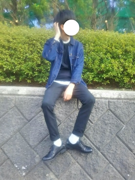 「ノーカラーシャツ」｜「アイテム（デニムジャケット）」を使った、しまひろさん（メンズ・180cm）の春コーディネート
