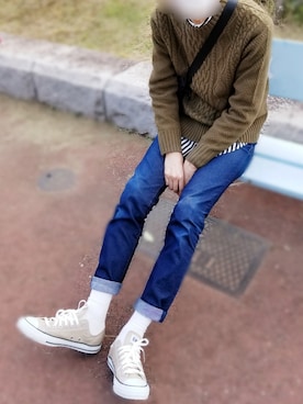 「H&M（エイチ・アンド・エム）のアイテム（シャツ/ブラウス、ホワイト系）」を使った、しまひろさん（メンズ・180cm）の秋コーディネート