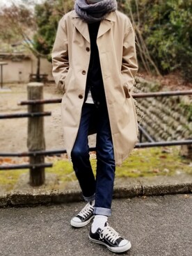 「スヌード」｜「アイテム（トレンチコート）」を使った、しまひろさん（メンズ・180cm）の冬コーディネート