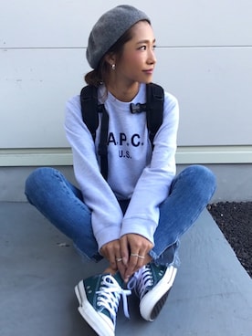 「CANAL JEAN（キャナルジーン）のPt(ピーティー) カシューピアス（ピアス（両耳用））」を使った、kayoさん（レディース・164cm）の秋コーディネート