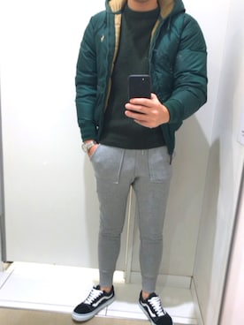 「スウエットパンツ」｜「アイテム（ダウンジャケット/コート）」を使った、ただっちさん（メンズ・173cm）の冬コーディネート