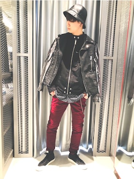 「DIESEL（ディーゼル）のアイテム（ライダースジャケット）」を使った、Hanedaさん（メンズ・181cm）の冬コーディネート