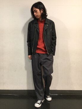 「RAGEBLUE（レイジブルー）のアイテム（ライダースジャケット）」を使った、藤瀬さん（メンズ・180cm）の秋コーディネート